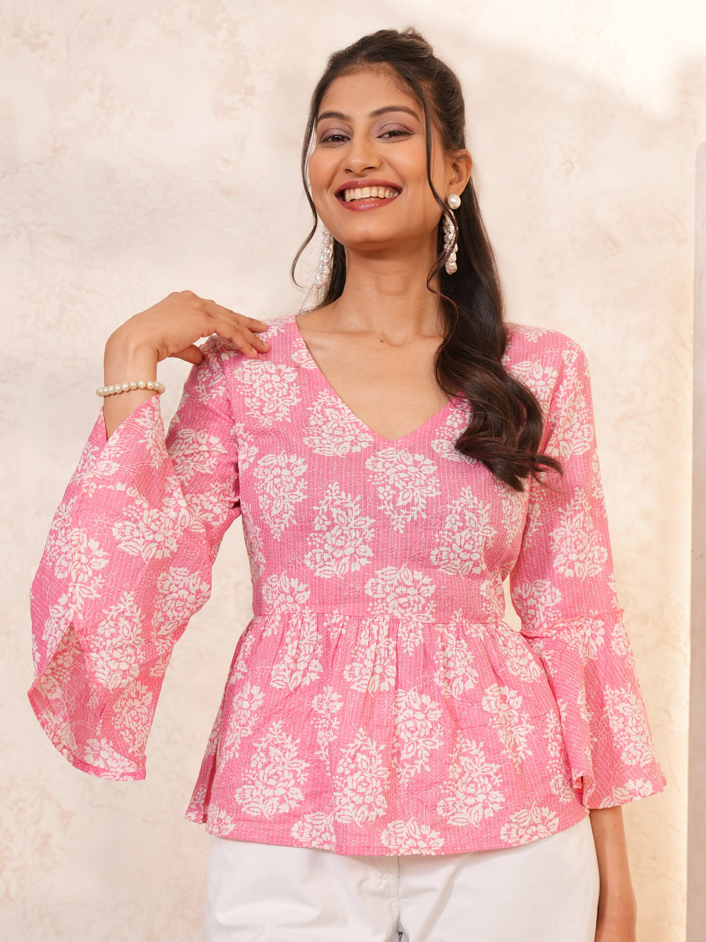 Gulabo: Floral Block Print Bell-Sleeve Cotton Top