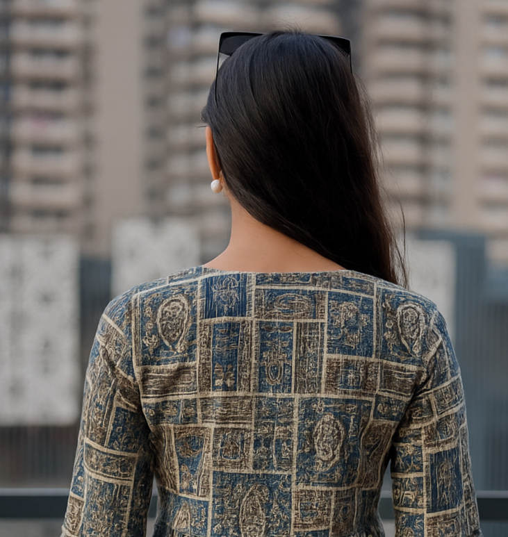 Desi Diva: Bell-Sleeved Hand Block Print Short Kurti