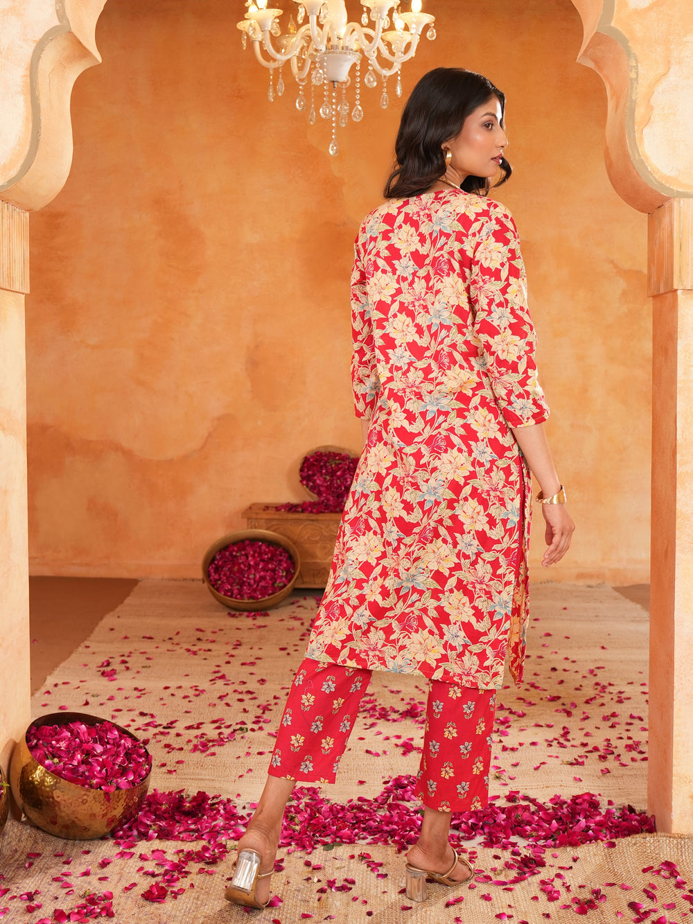 Women's Red Floral Print V Neck Cotton Straight Kurta with Pant Set