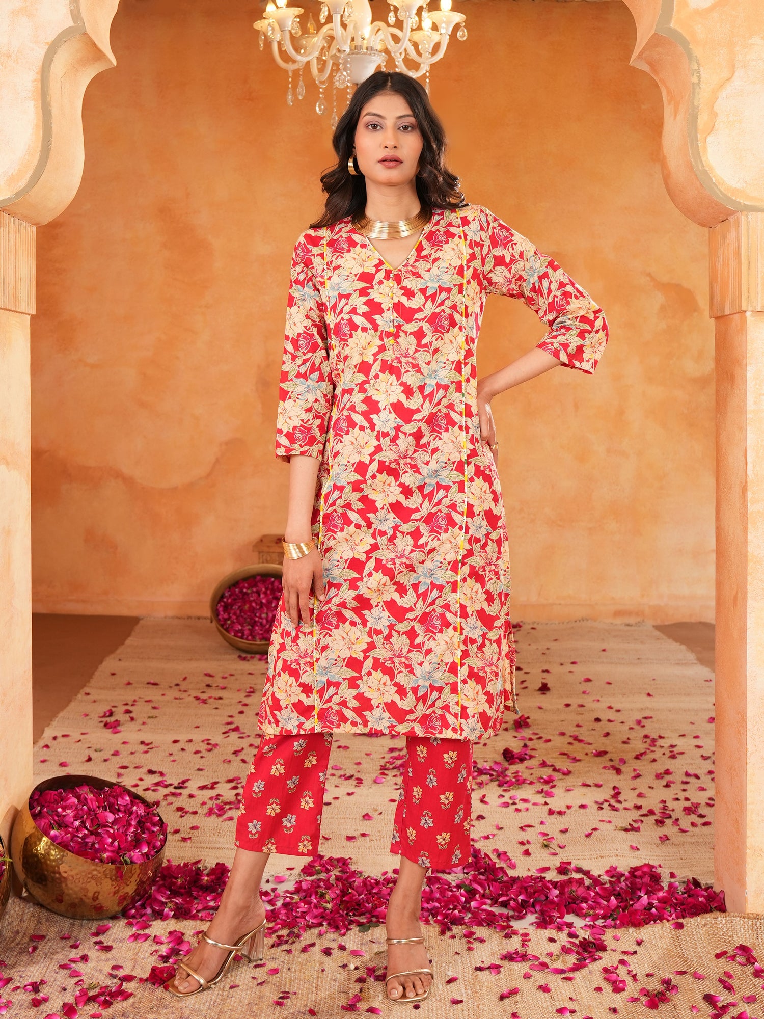 Women's Red Floral Print V Neck Cotton Straight Kurta with Pant Set