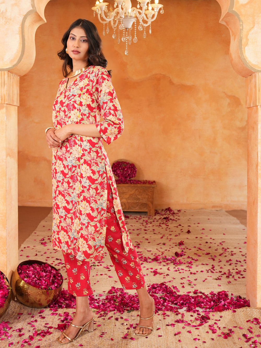 Women's Red Floral Print V Neck Cotton Straight Kurta with Pant Set