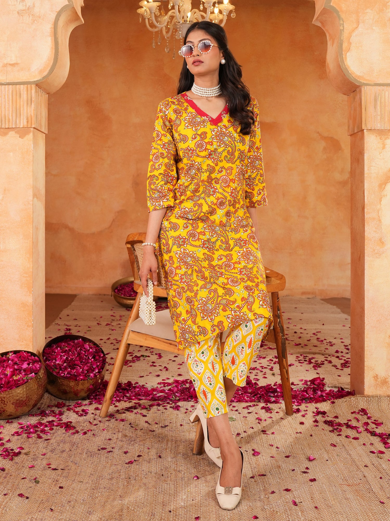 Women's Mustard Floral Print V- Neck Cotton Straight Kurta with Pant Set