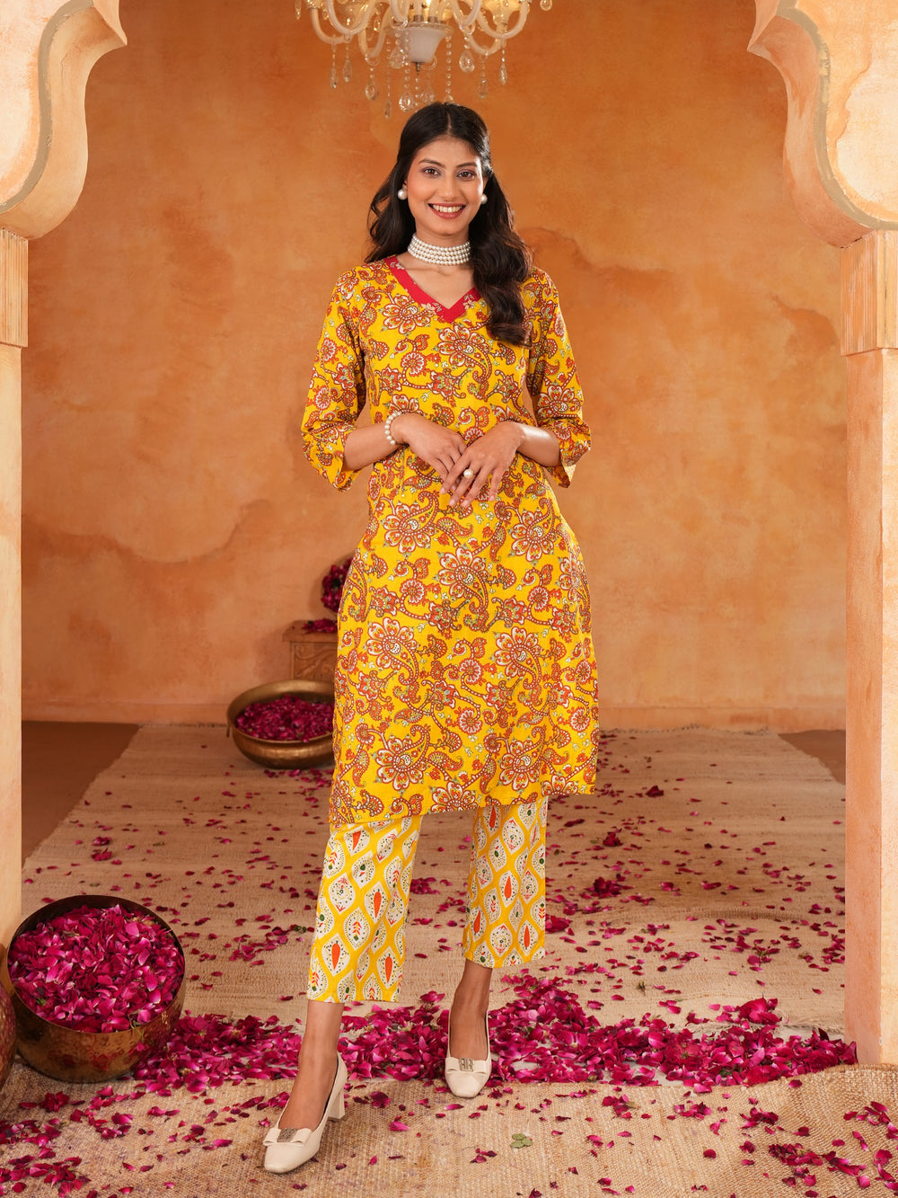 Women's Mustard Floral Print V- Neck Cotton Straight Kurta with Pant Set