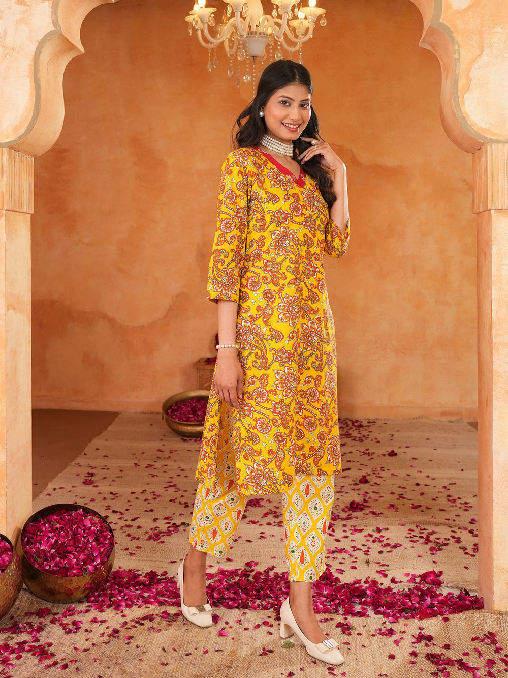 Women's Mustard Floral Print V- Neck Cotton Straight Kurta with Pant Set