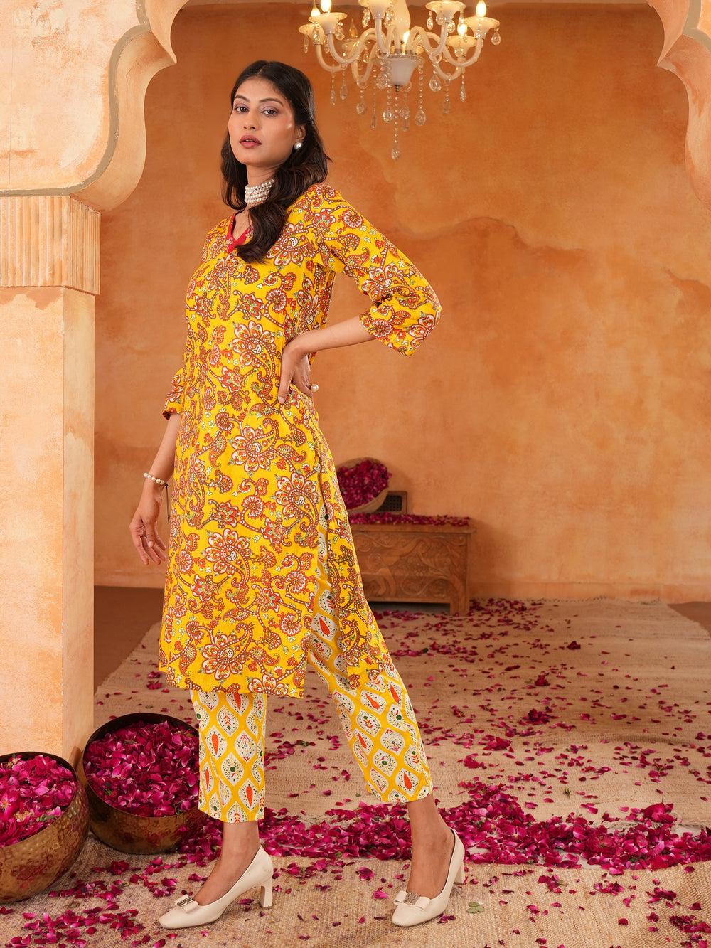 Women's Mustard Floral Print V- Neck Cotton Straight Kurta with Pant Set
