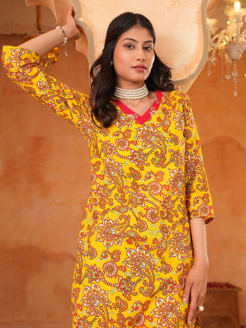 Women's Mustard Floral Print V- Neck Cotton Straight Kurta with Pant Set