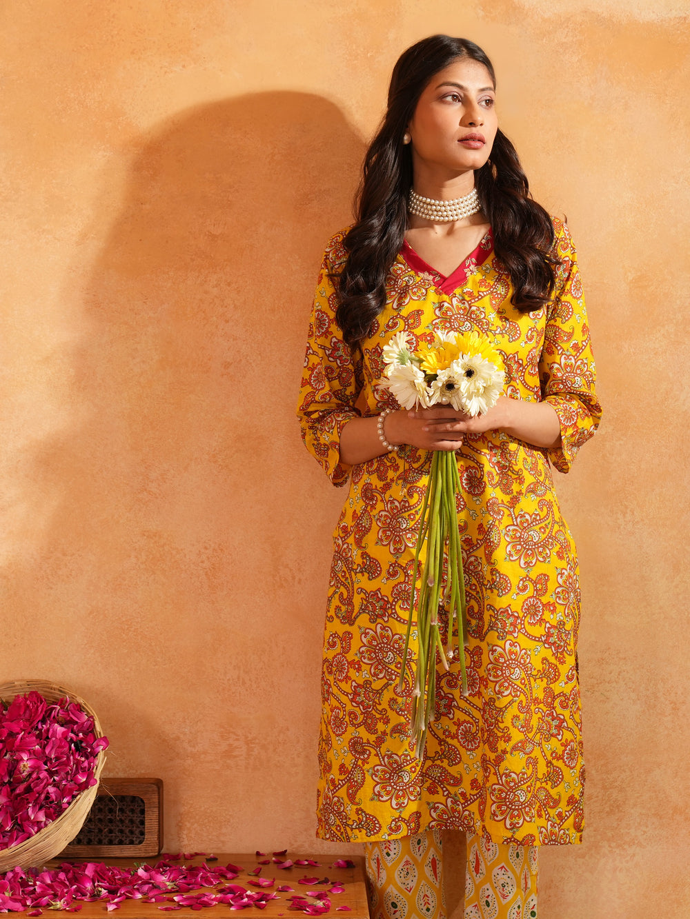 Women's Mustard Floral Print V- Neck Cotton Straight Kurta with Pant Set