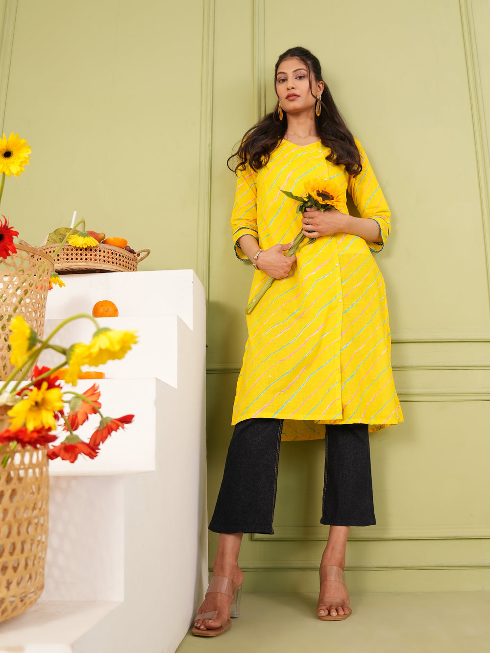 Bright Yellow Cotton Lahariya Printed Kurta