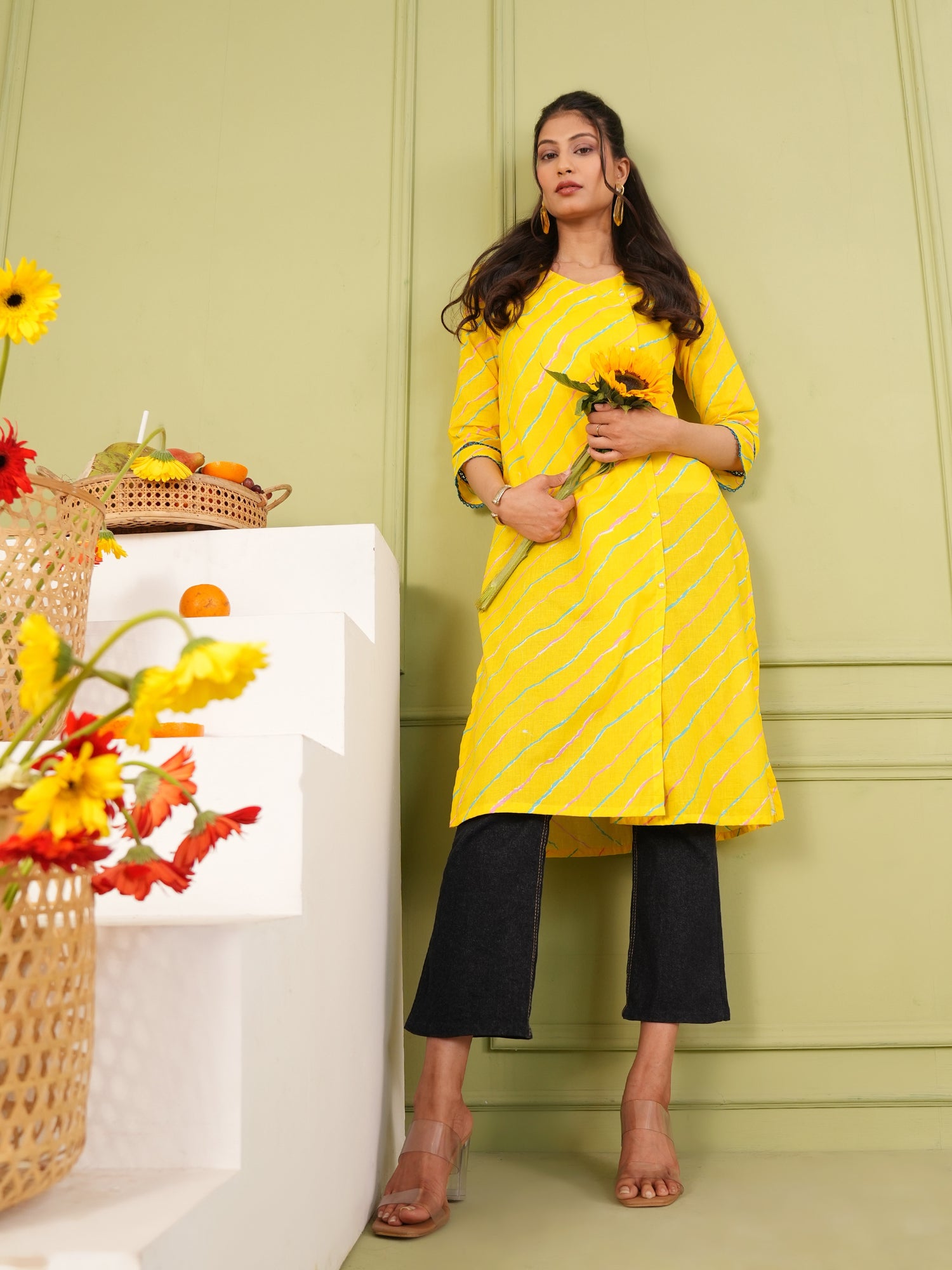 Bright Yellow Cotton Lahariya Printed Kurta