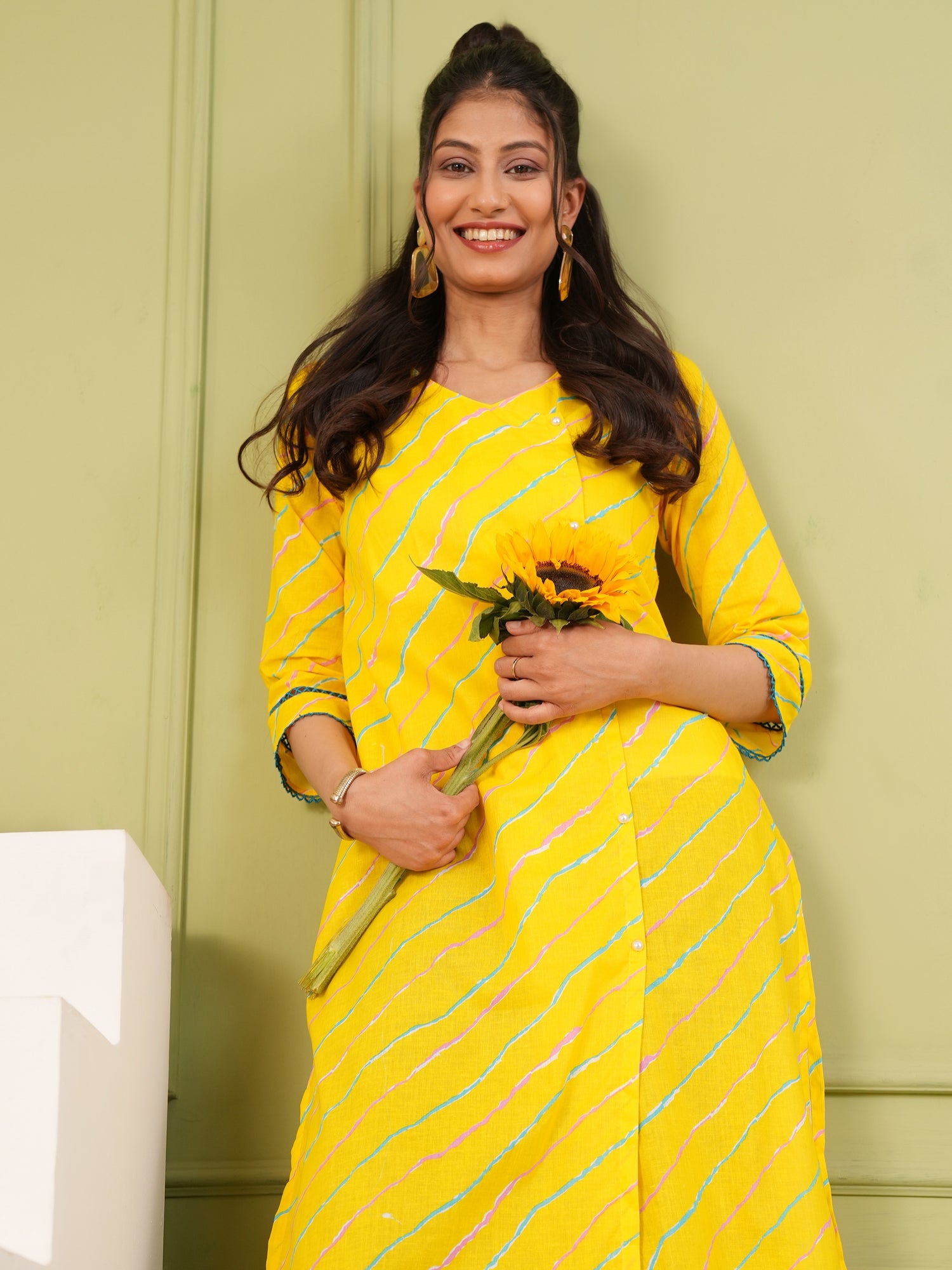 Bright Yellow Cotton Lahariya Printed Kurta