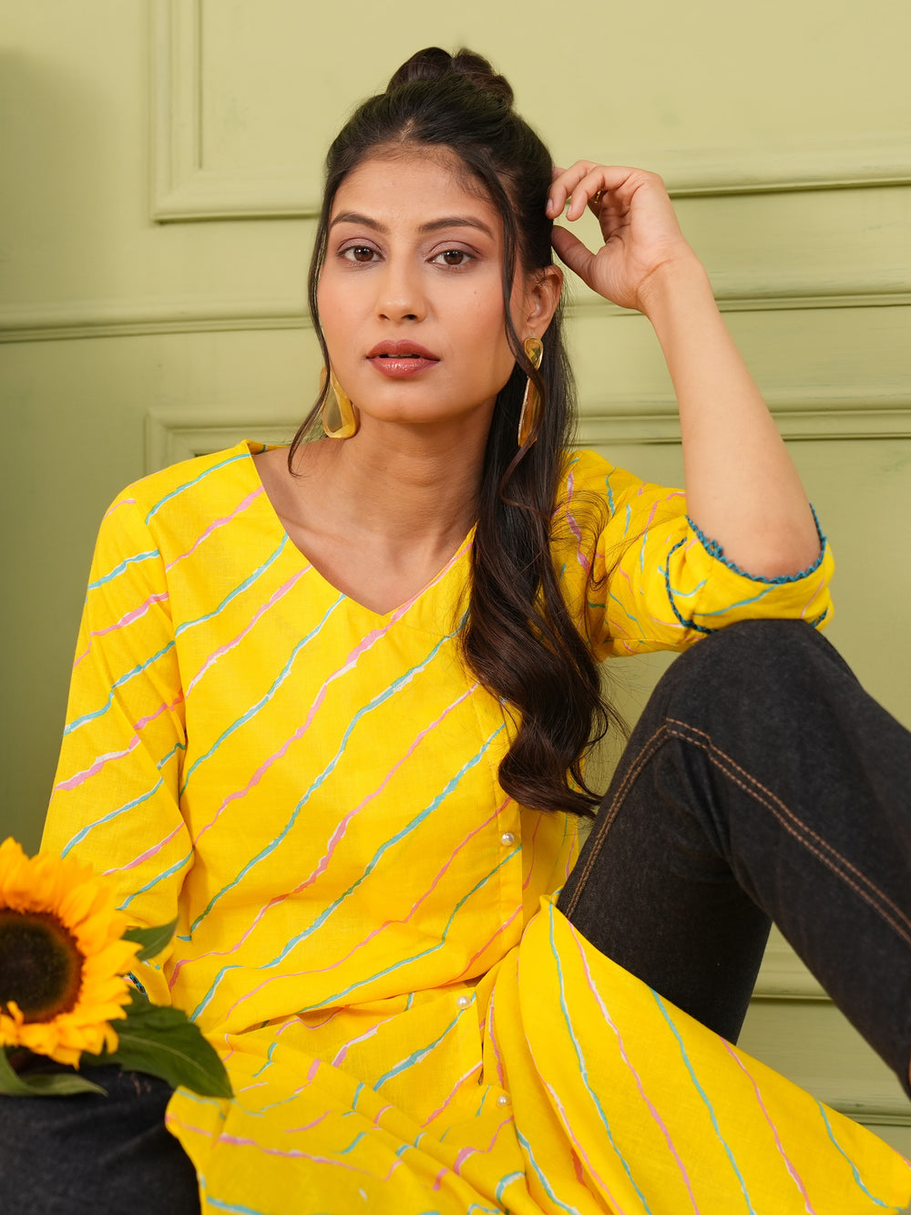 Bright Yellow Cotton Lahariya Printed Kurta