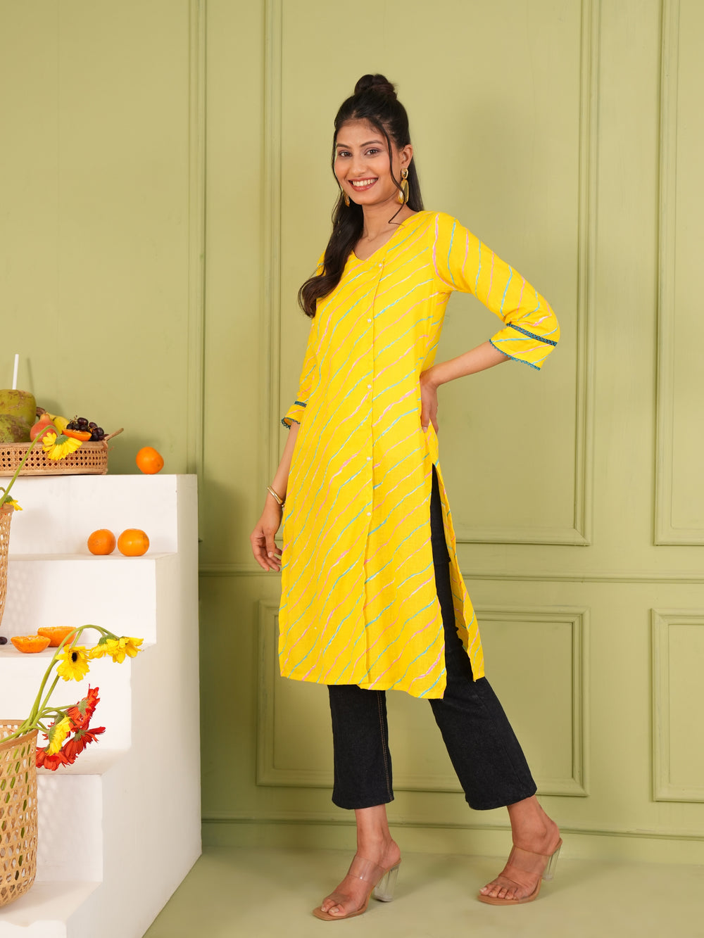 Bright Yellow Cotton Lahariya Printed Kurta
