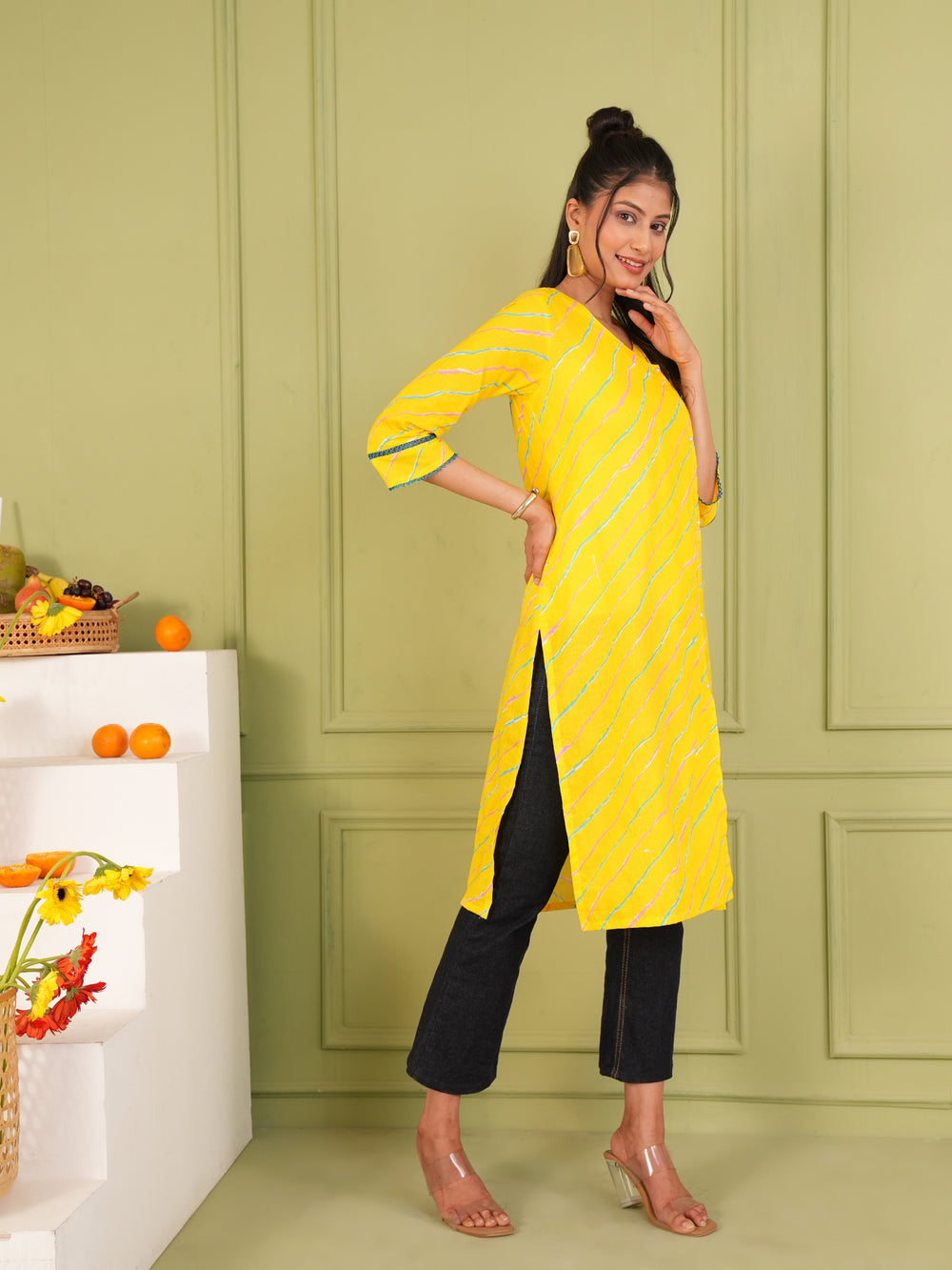 Bright Yellow Cotton Lahariya Printed Kurta