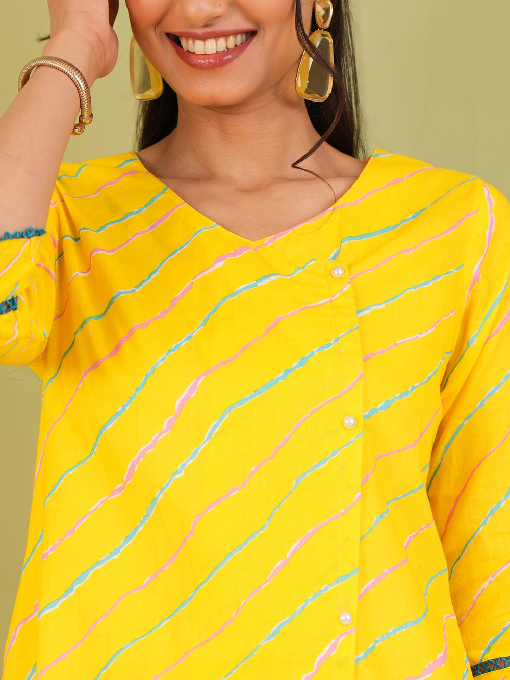 Bright Yellow Cotton Lahariya Printed Kurta