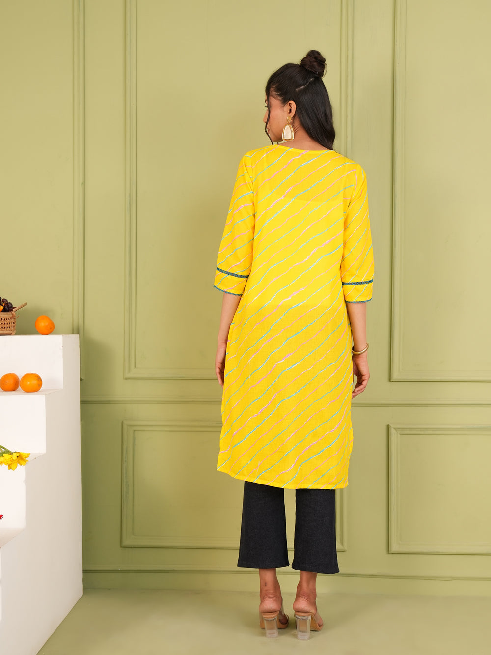 Bright Yellow Cotton Lahariya Printed Kurta