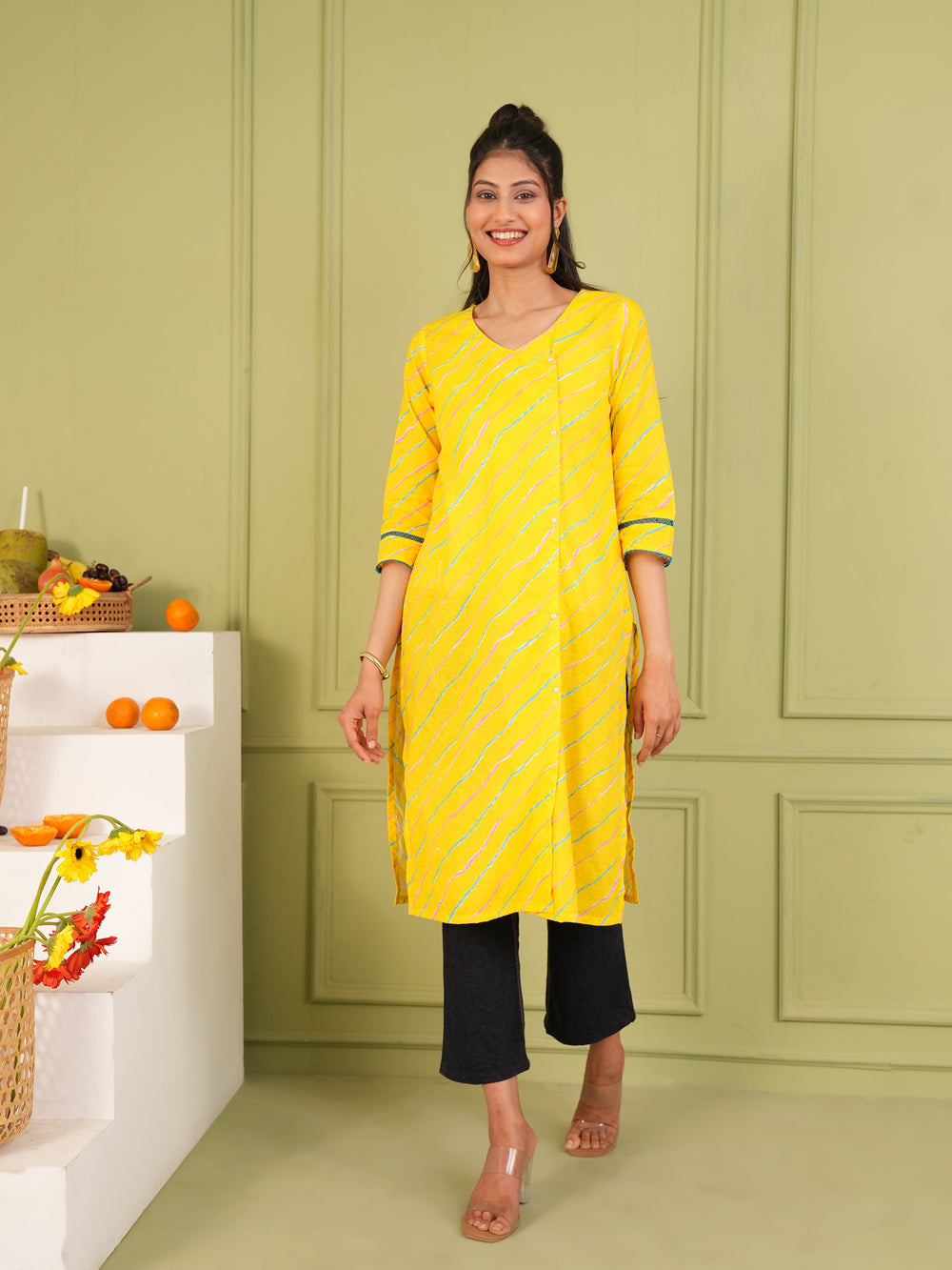 Bright Yellow Cotton Lahariya Printed Kurta