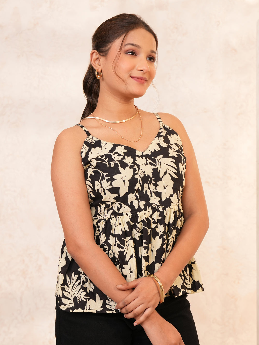 Gulabo: Black Cotton Sweetheart Neck Top