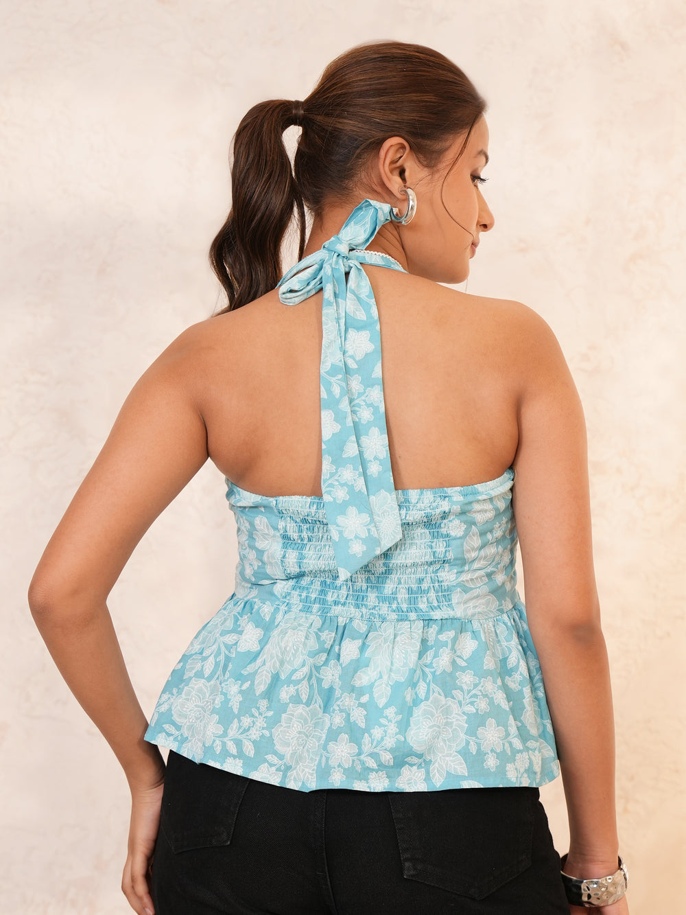 Patakha: Casual Chic Halter Neck Sky Blue Cotton Top