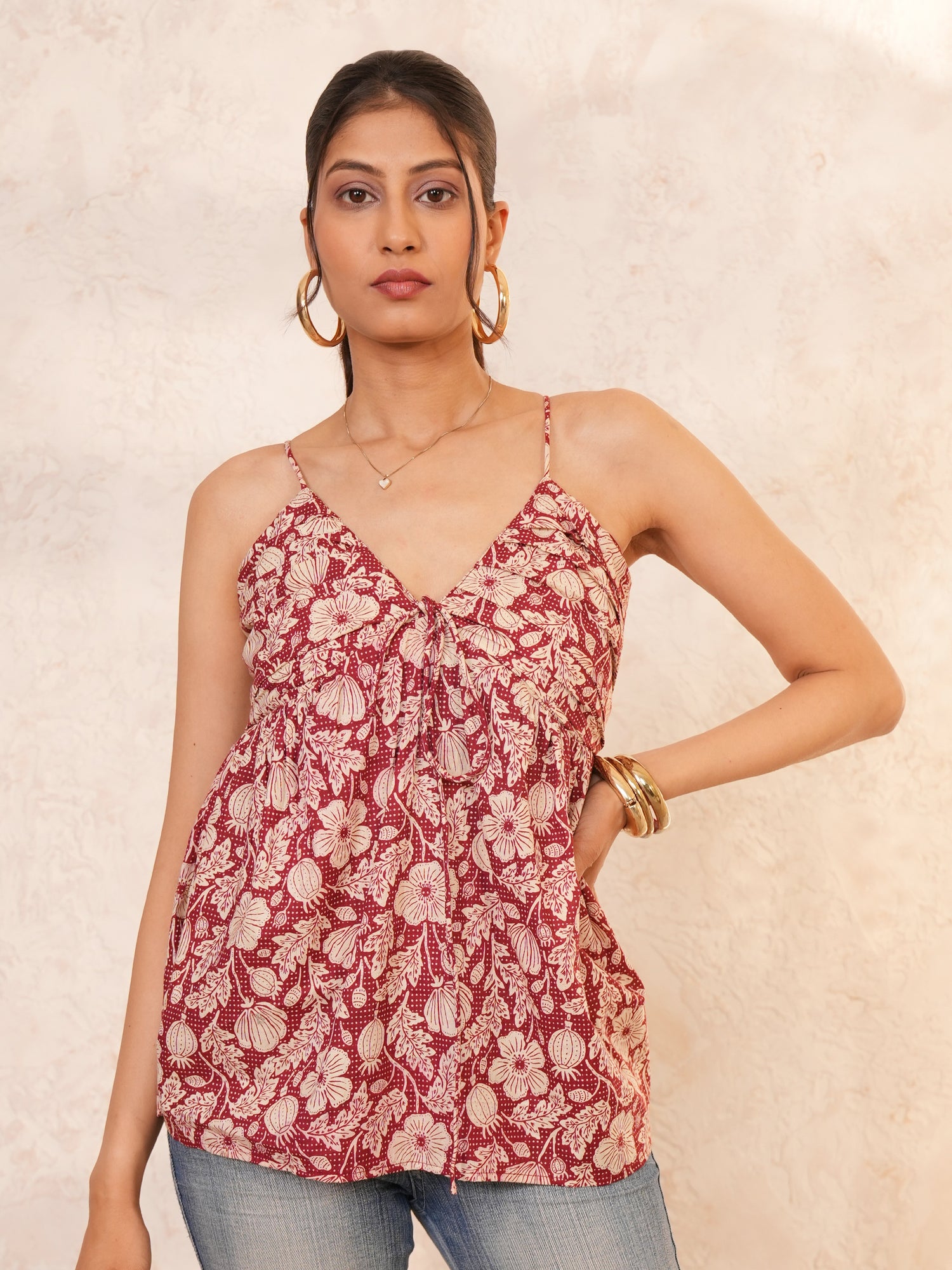 Pankudhi: Maroon V-Neck Cotton Top