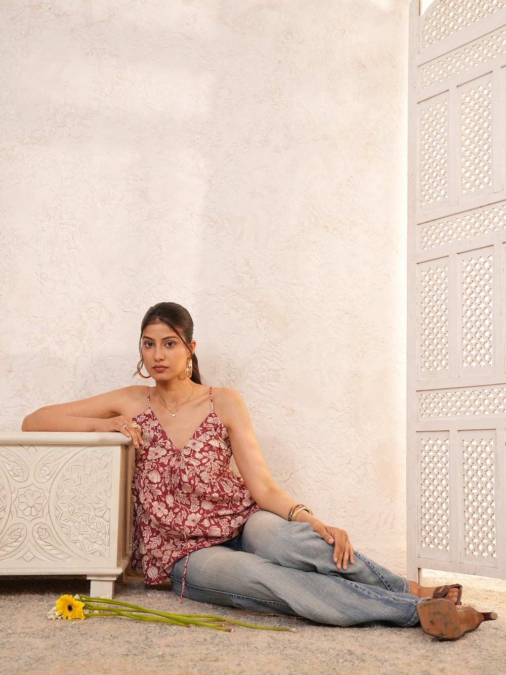 Pankudhi: Maroon V-Neck Cotton Top