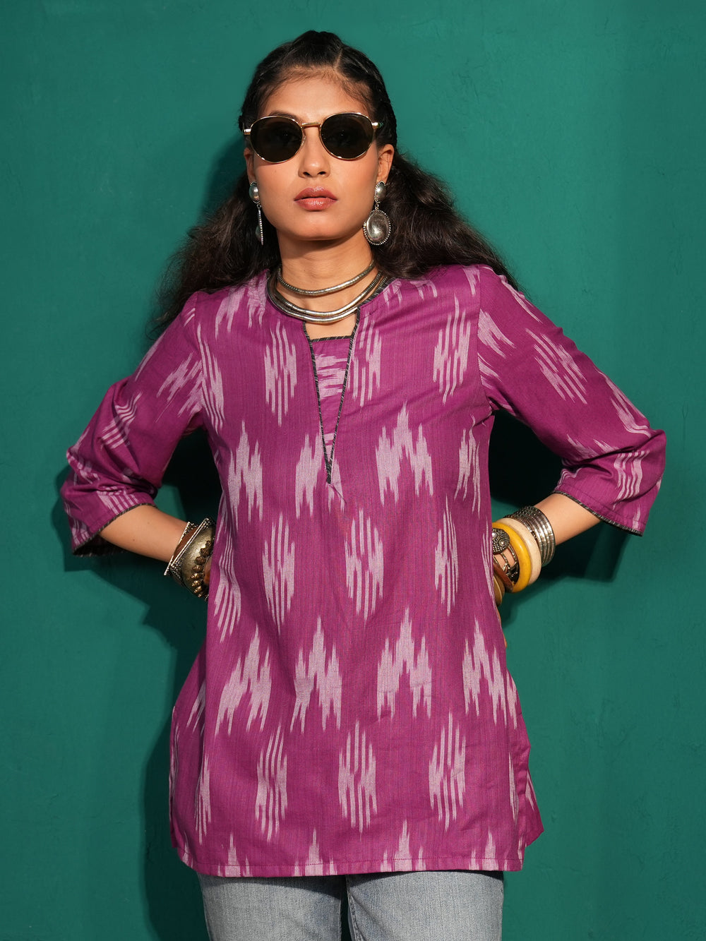 Women's Purple Ikat Pure Cotton  Regular Fit Tunic