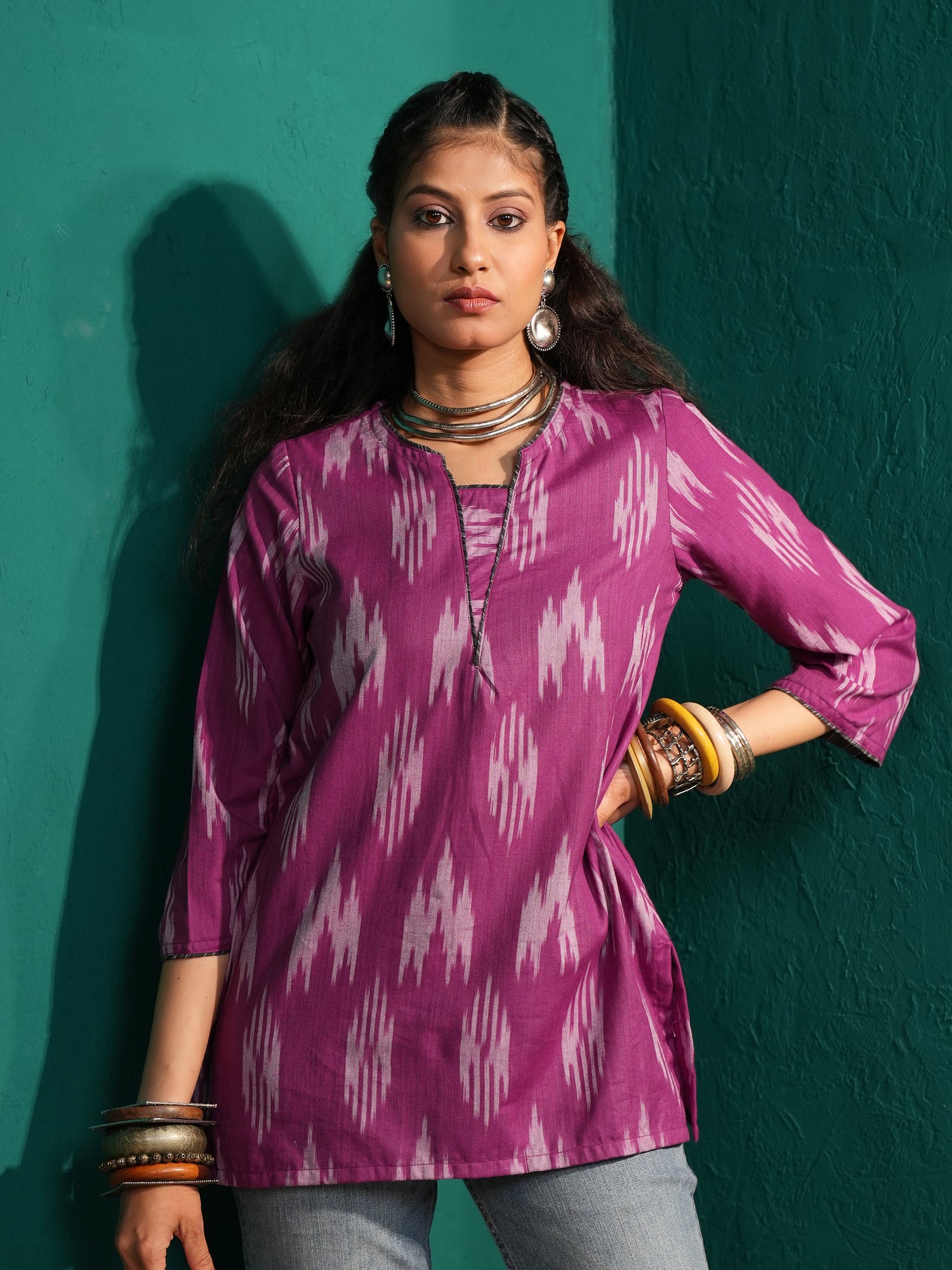 Women's Purple Ikat Pure Cotton  Regular Fit Tunic