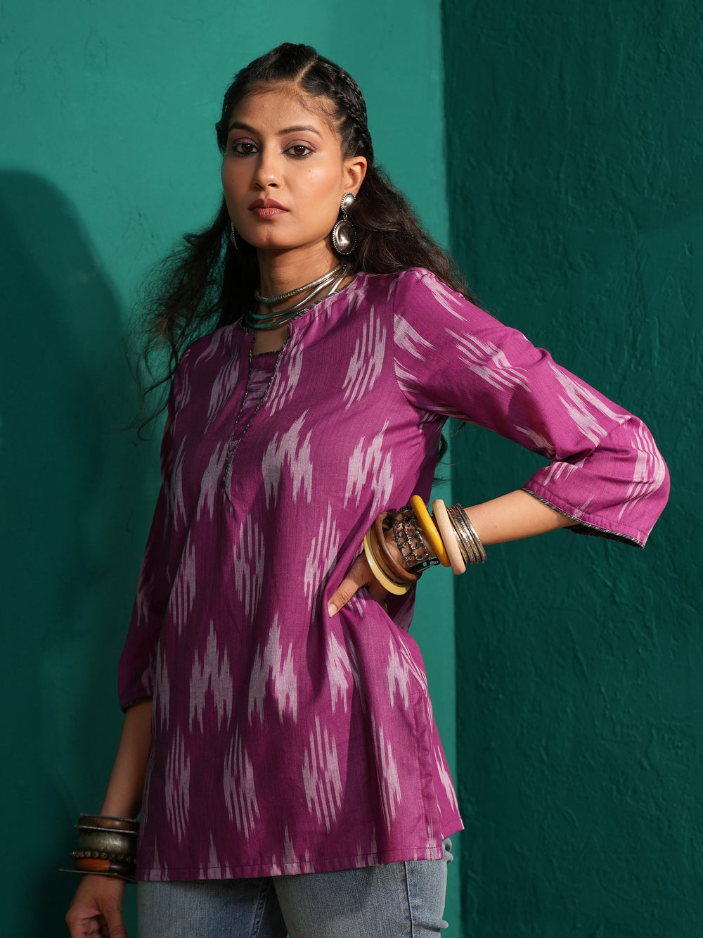 Women's Purple Ikat Pure Cotton  Regular Fit Tunic