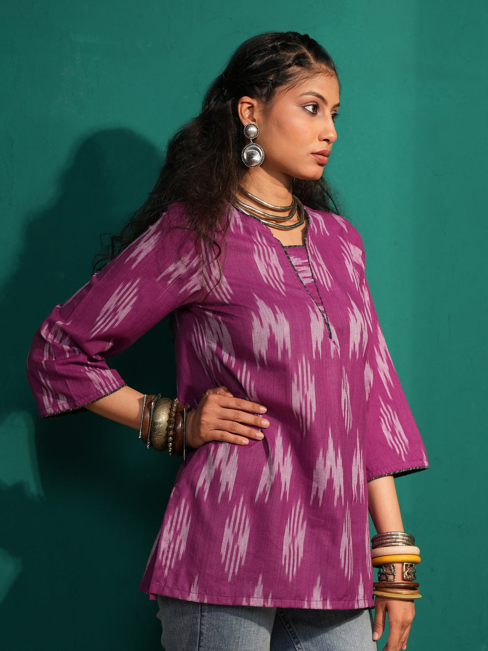 Women's Purple Ikat Pure Cotton  Regular Fit Tunic