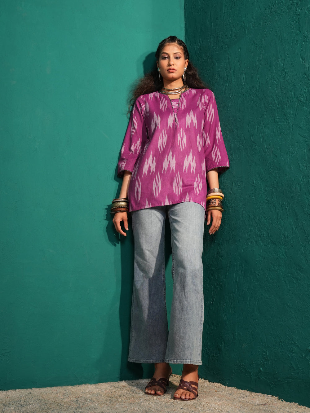 Women's Purple Ikat Pure Cotton  Regular Fit Tunic