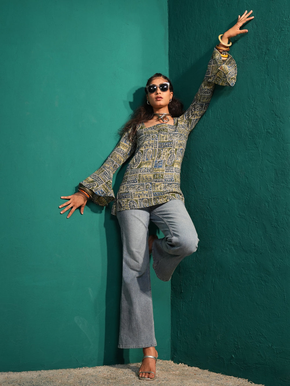 Desi Diva: Bell-Sleeved Hand Block Print Short Kurti