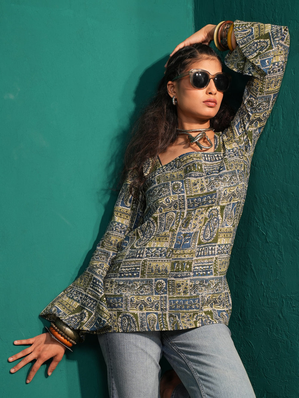 Desi Diva: Bell-Sleeved Hand Block Print Short Kurti