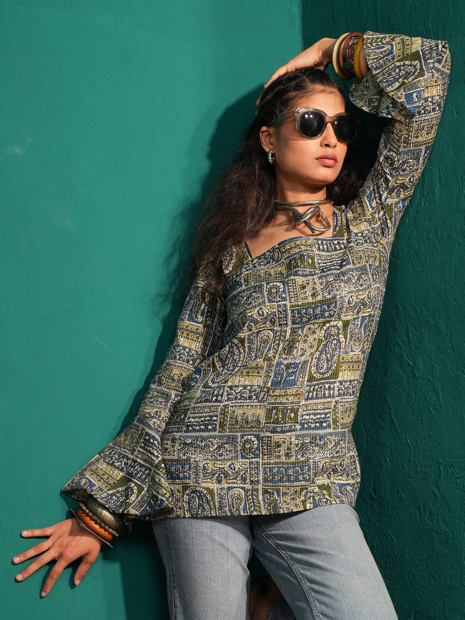 Desi Diva: Bell-Sleeved Hand Block Print Short Kurti