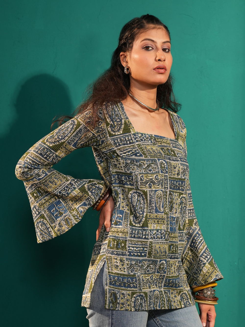 Desi Diva: Bell-Sleeved Hand Block Print Short Kurti