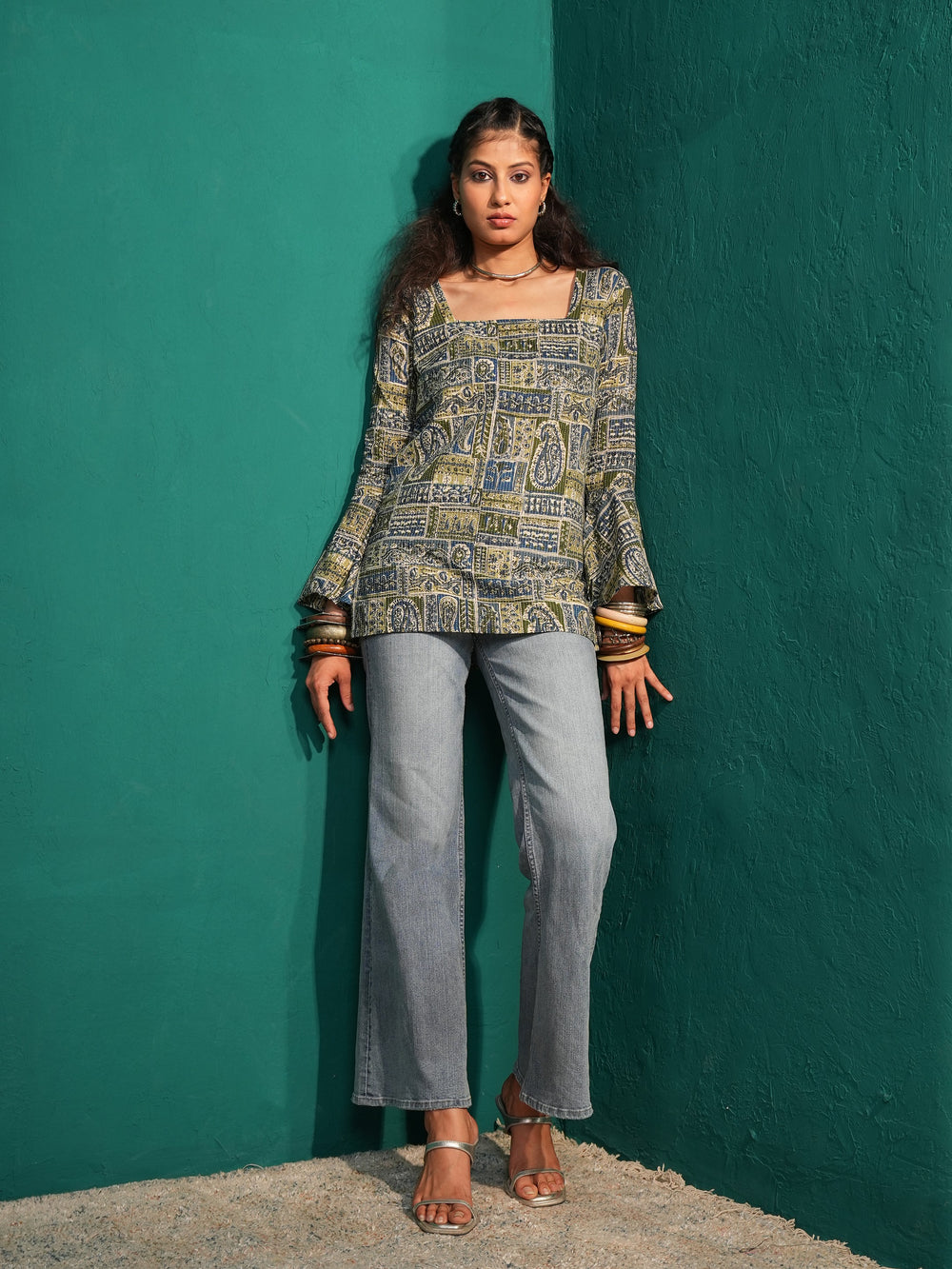 Desi Diva: Bell-Sleeved Hand Block Print Short Kurti