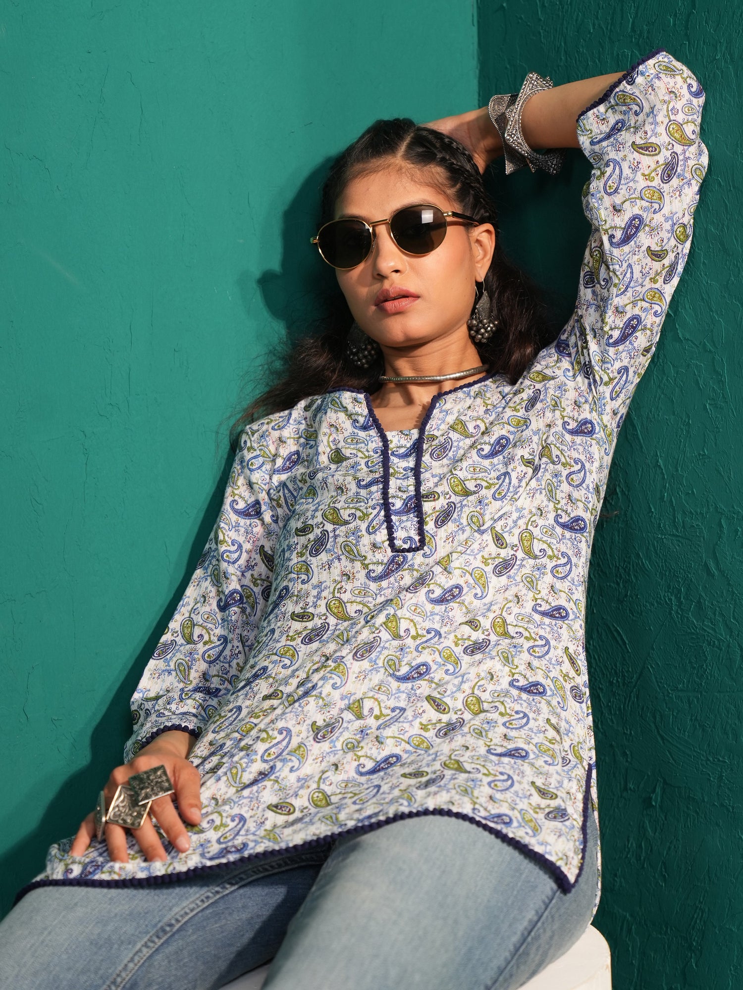 Women's Regular Fit Cotton Paisley Print Sweetheart Neck Ethnic Tunic