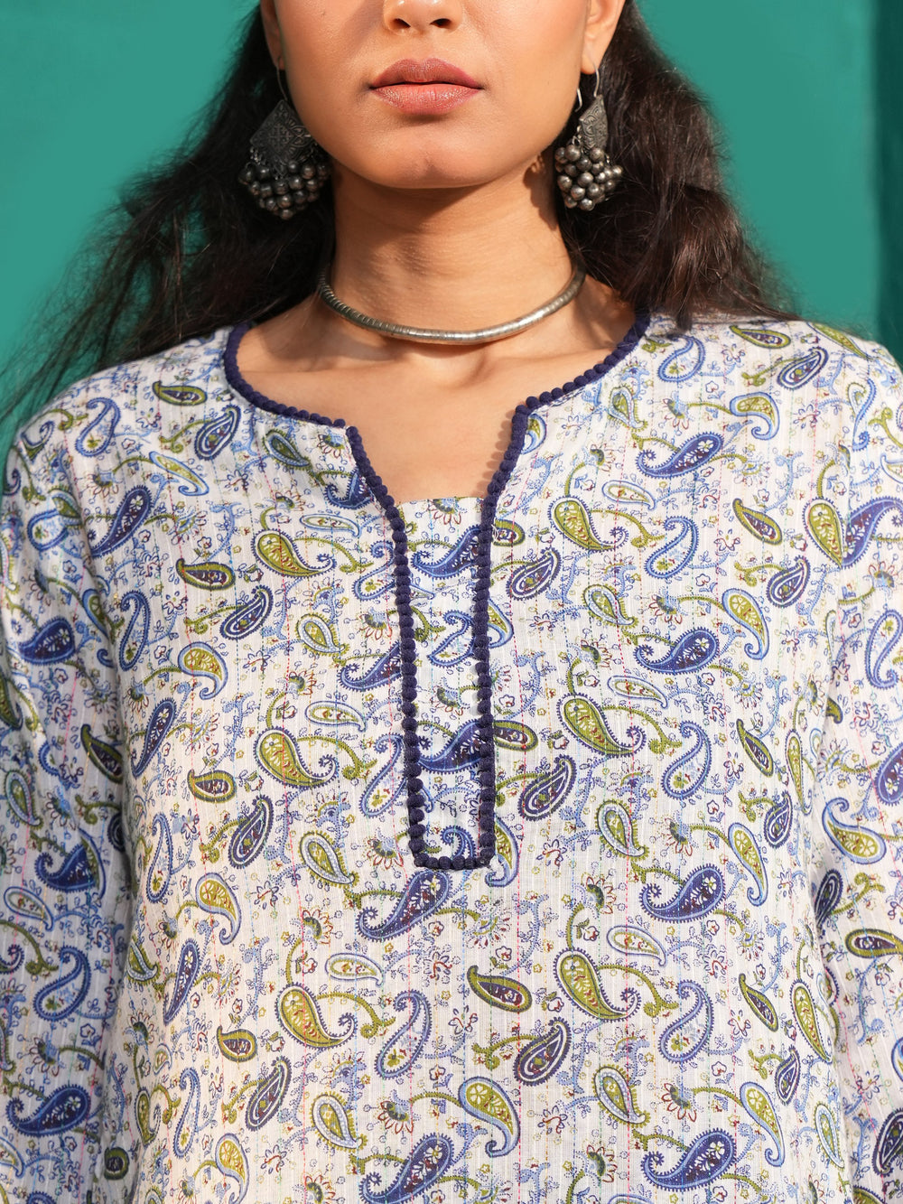 Women's Regular Fit Cotton Paisley Print Sweetheart Neck Ethnic Tunic