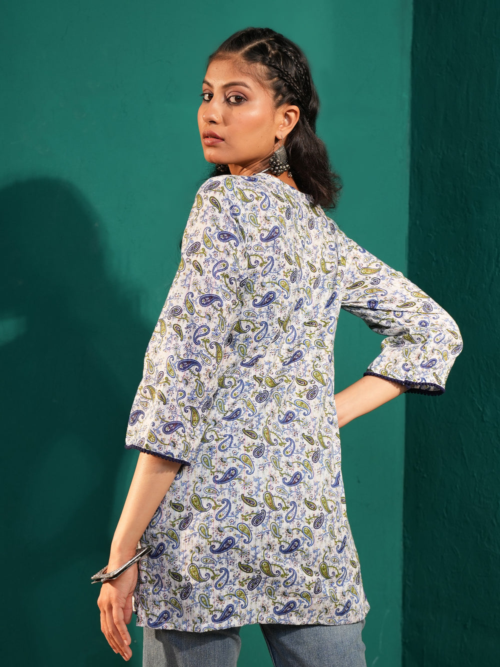 Women's Regular Fit Cotton Paisley Print Sweetheart Neck Ethnic Tunic