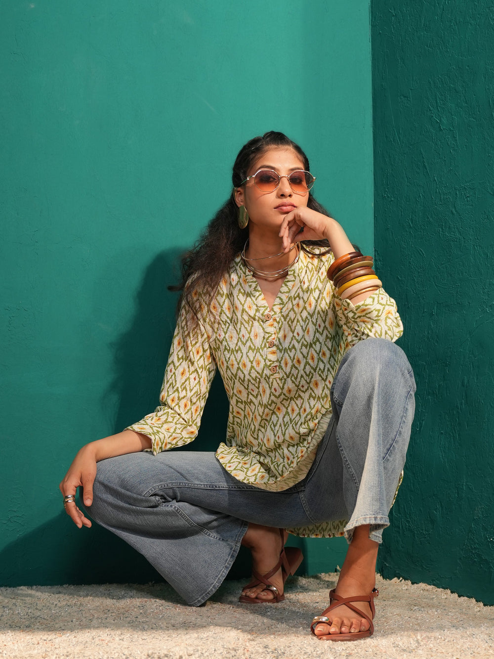 Women’s Pure Cotton Ikat Print Mandarin Collar Tunic