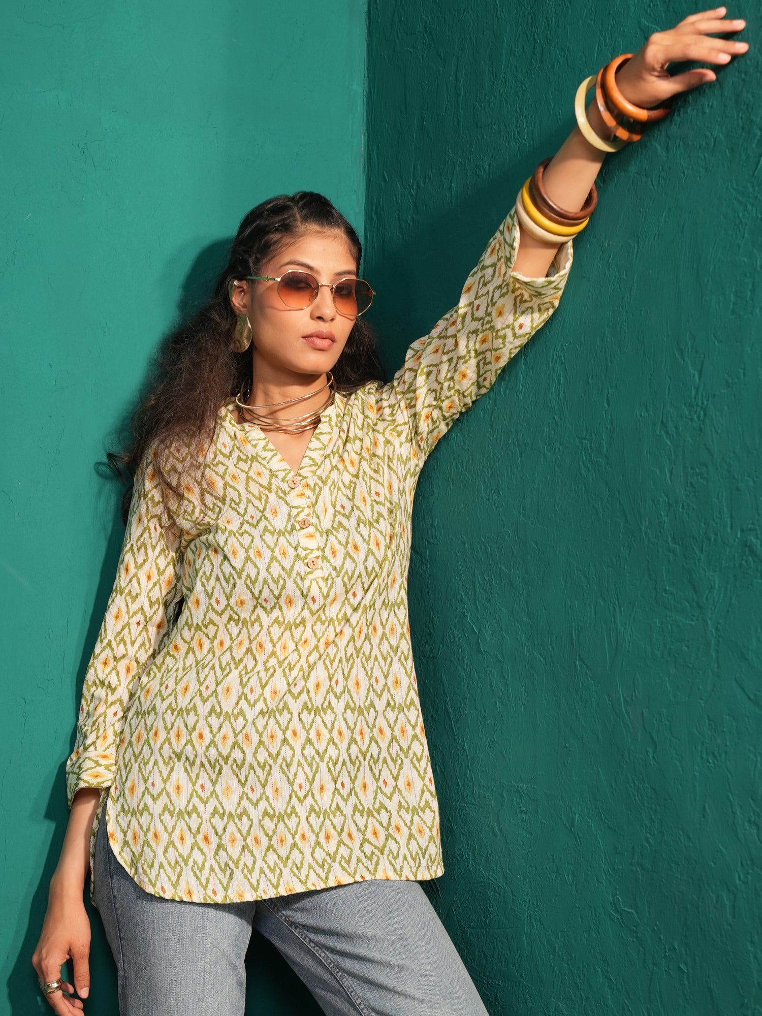 Women’s Pure Cotton Ikat Print Mandarin Collar Tunic