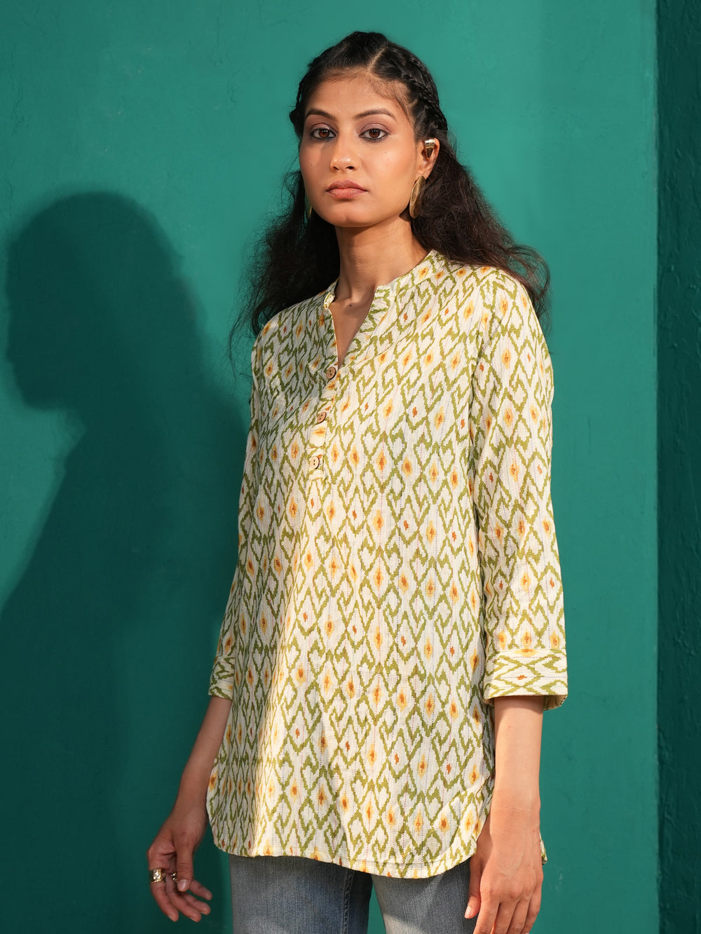Women’s Pure Cotton Ikat Print Mandarin Collar Tunic