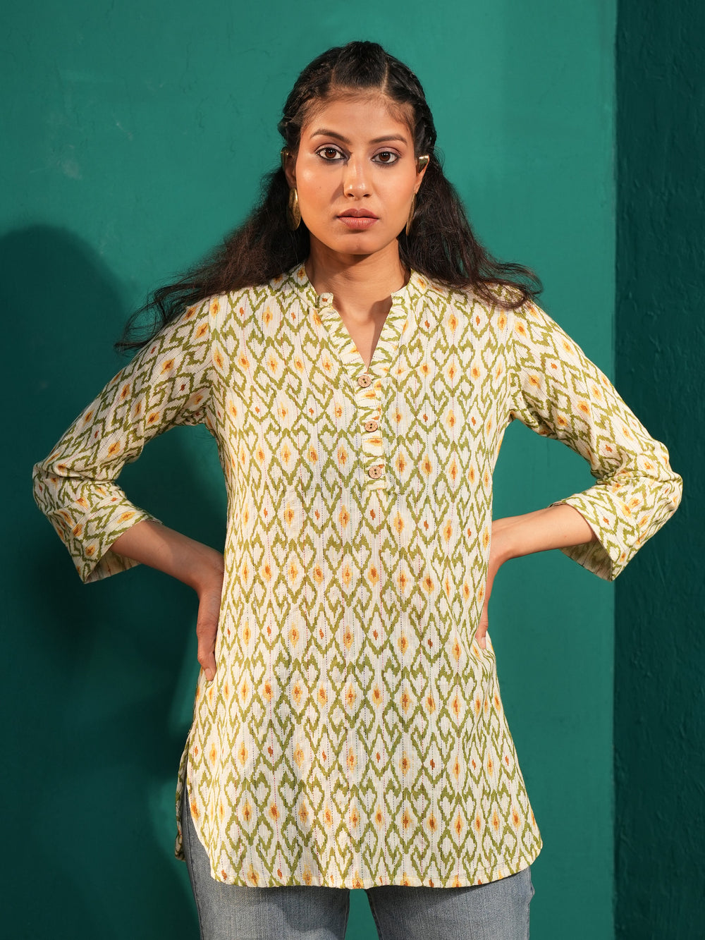 Women’s Pure Cotton Ikat Print Mandarin Collar Tunic