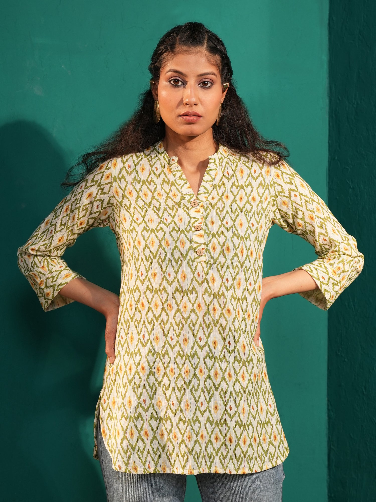 Women’s Pure Cotton Ikat Print Mandarin Collar Tunic