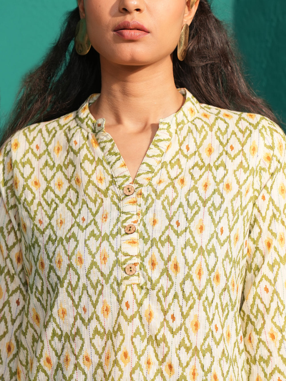 Women’s Pure Cotton Ikat Print Mandarin Collar Tunic