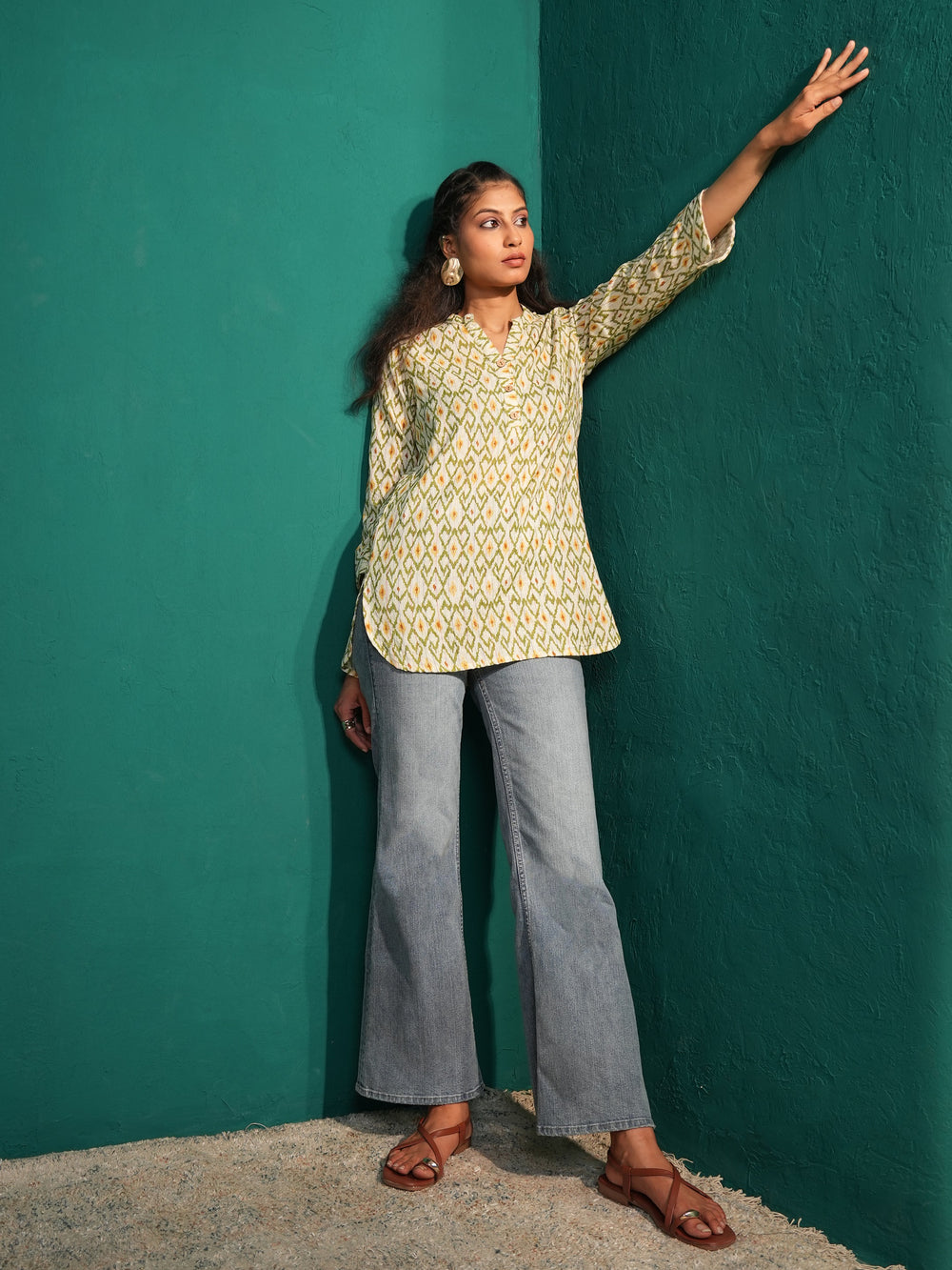 Women’s Pure Cotton Ikat Print Mandarin Collar Tunic