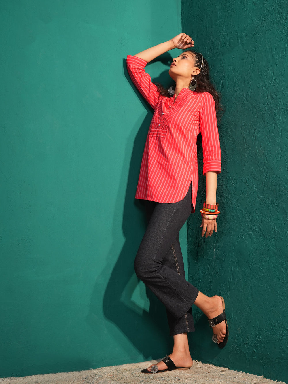 Women's Pure Cotton Striped Mandarin Collar Tunic