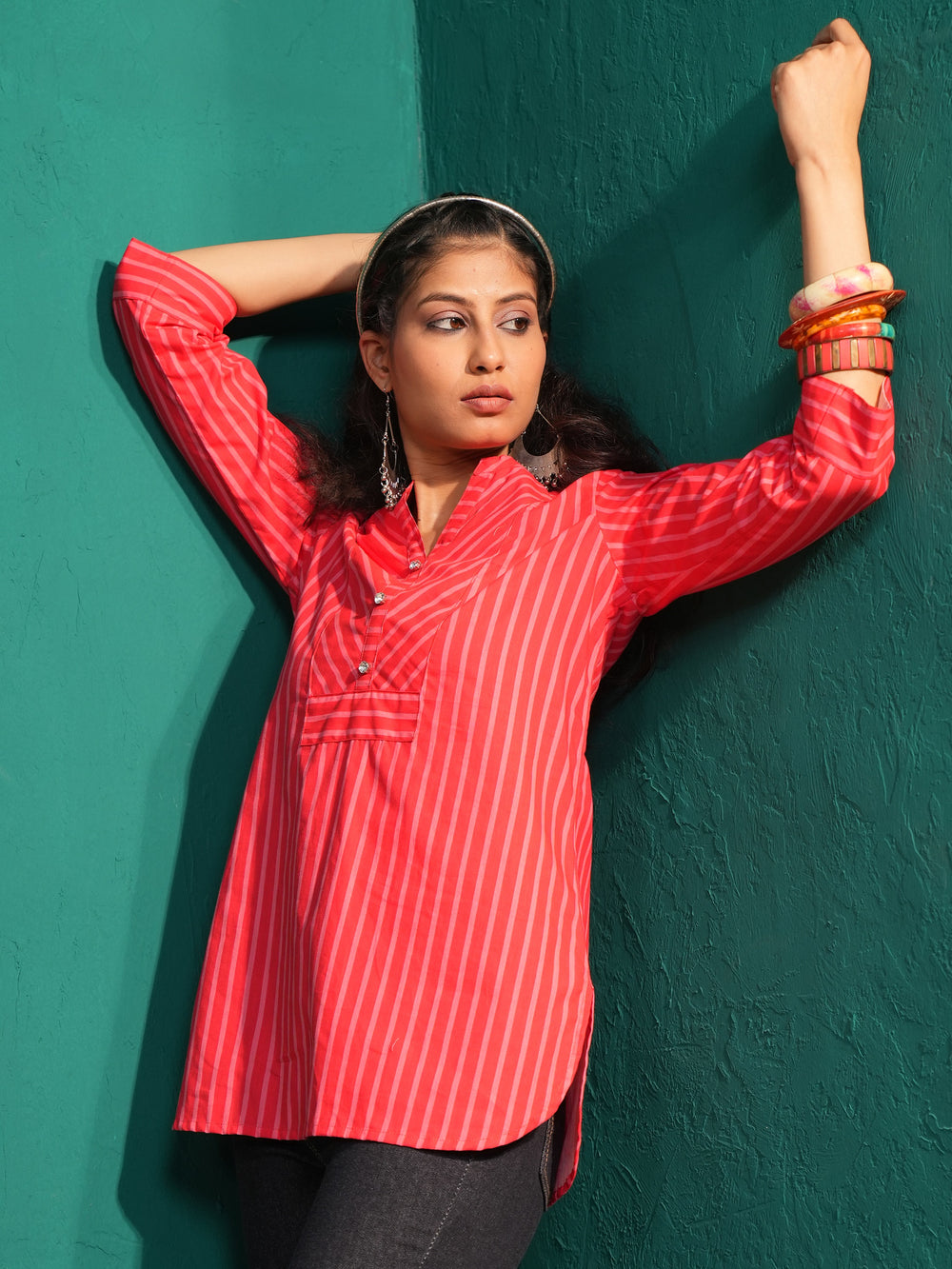 Women's Pure Cotton Striped Mandarin Collar Tunic