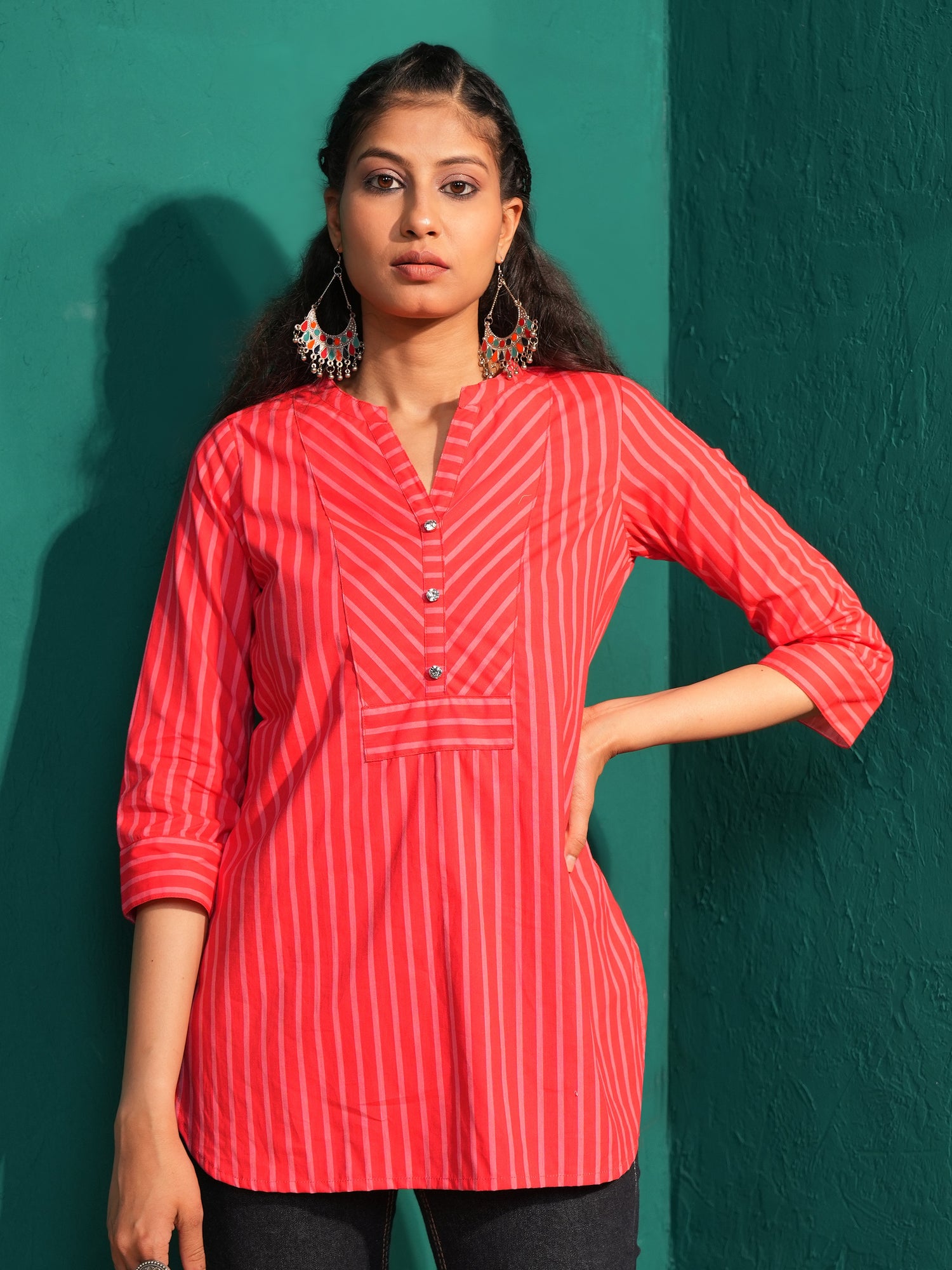 Women's Pure Cotton Striped Mandarin Collar Tunic