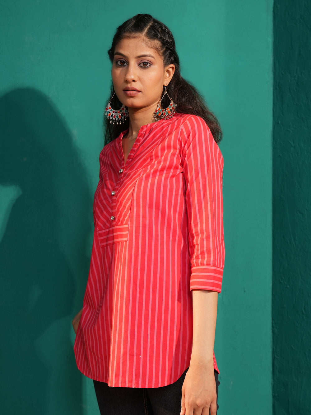 Women's Pure Cotton Striped Mandarin Collar Tunic