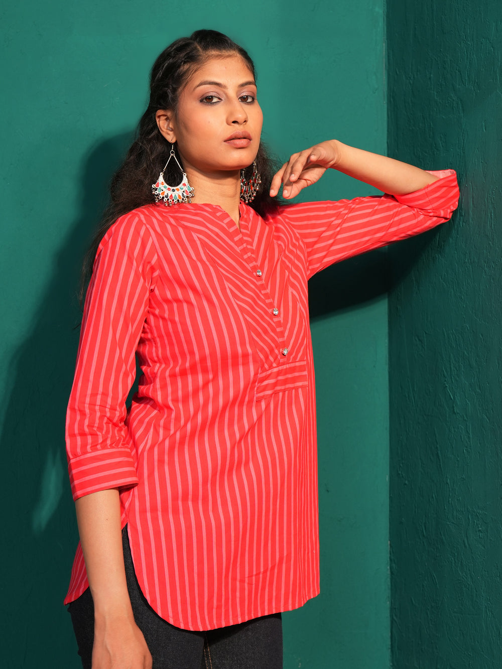 Women's Pure Cotton Striped Mandarin Collar Tunic