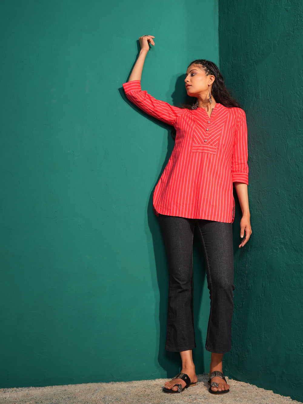 Women's Pure Cotton Striped Mandarin Collar Tunic